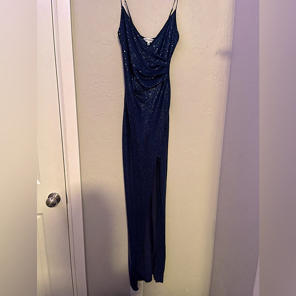 Emerald Sundae Dark Blue Glittery Prom Sheath Maxi Dress, Size Extra-Small